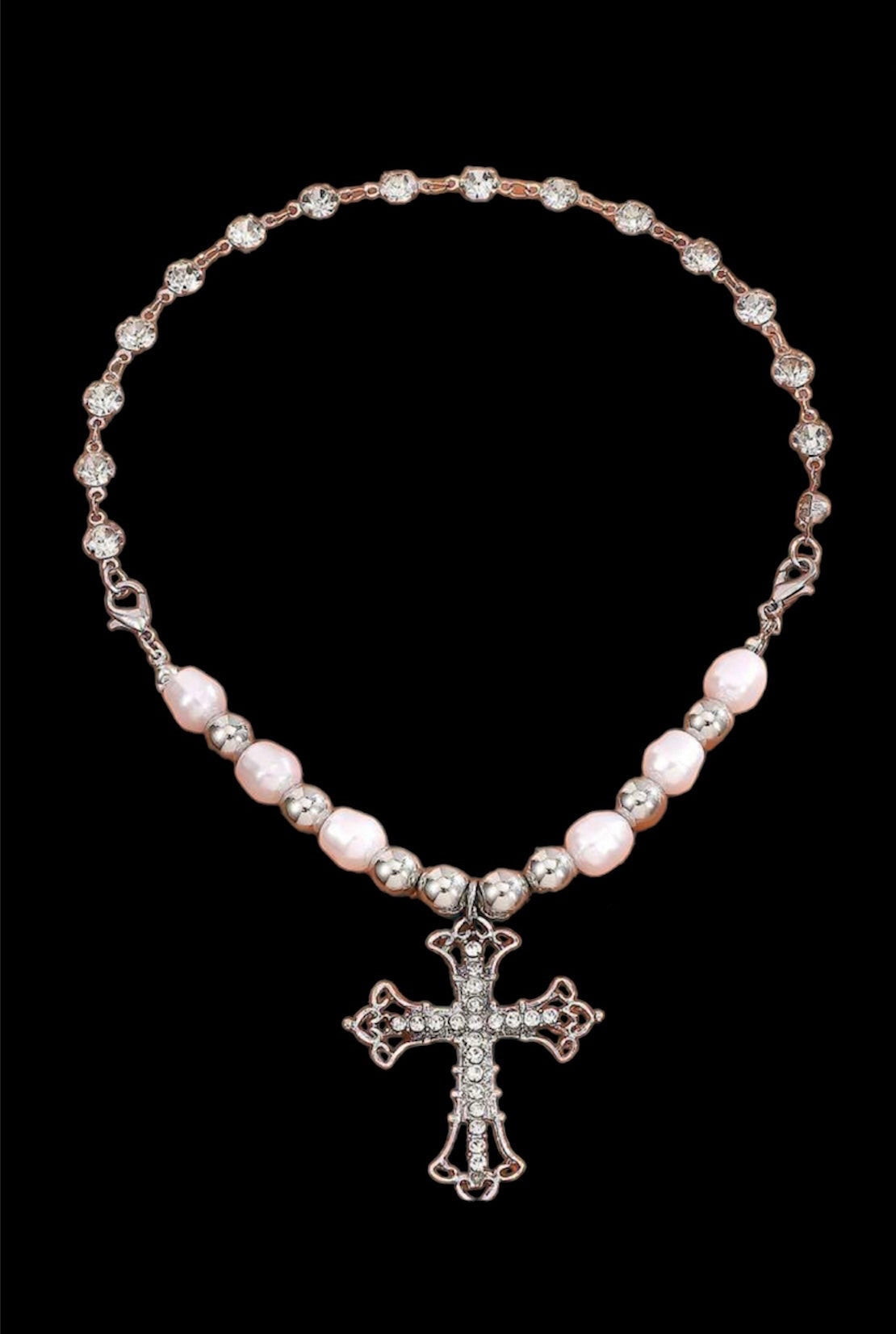 Pearl Rhinestone Cross Choker