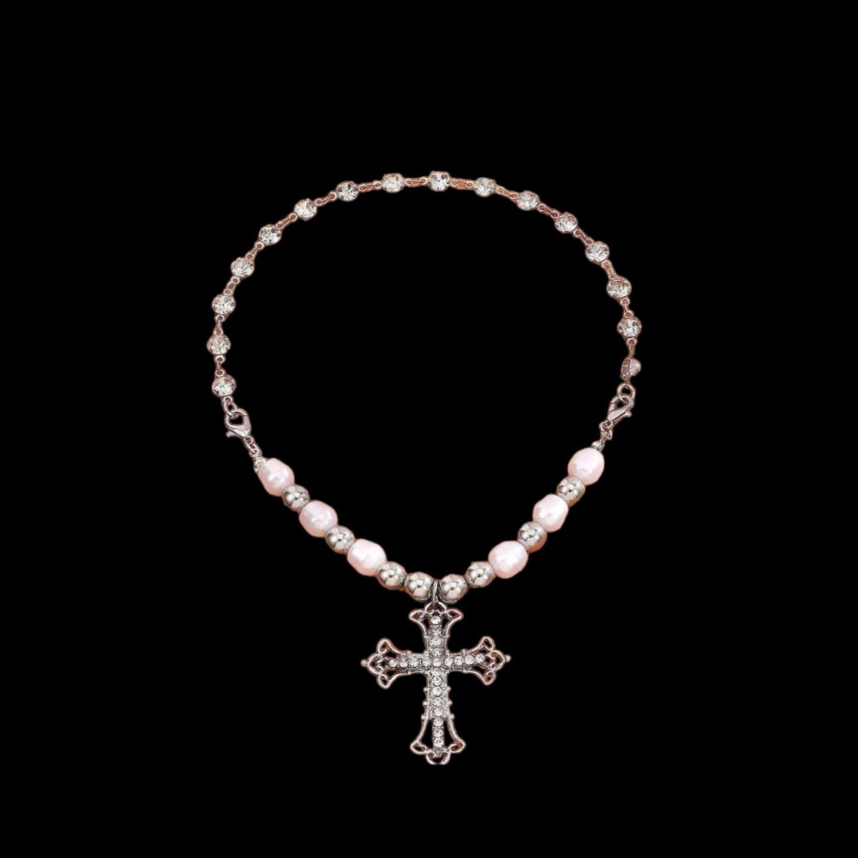 Pearl Rhinestone Cross Choker